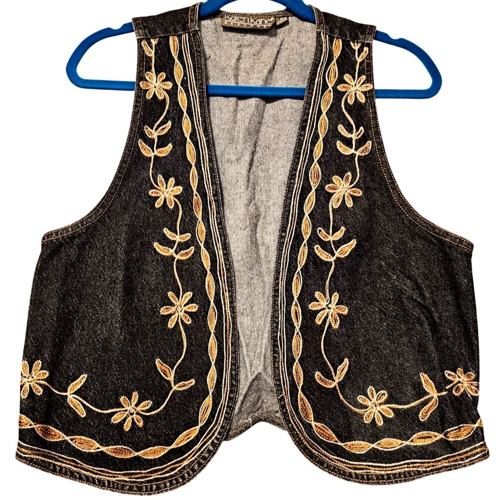 Karen Kane Women's Embroidered Black Denim Vest With Floral Design Size S 100% C - Picture 3 of 10
